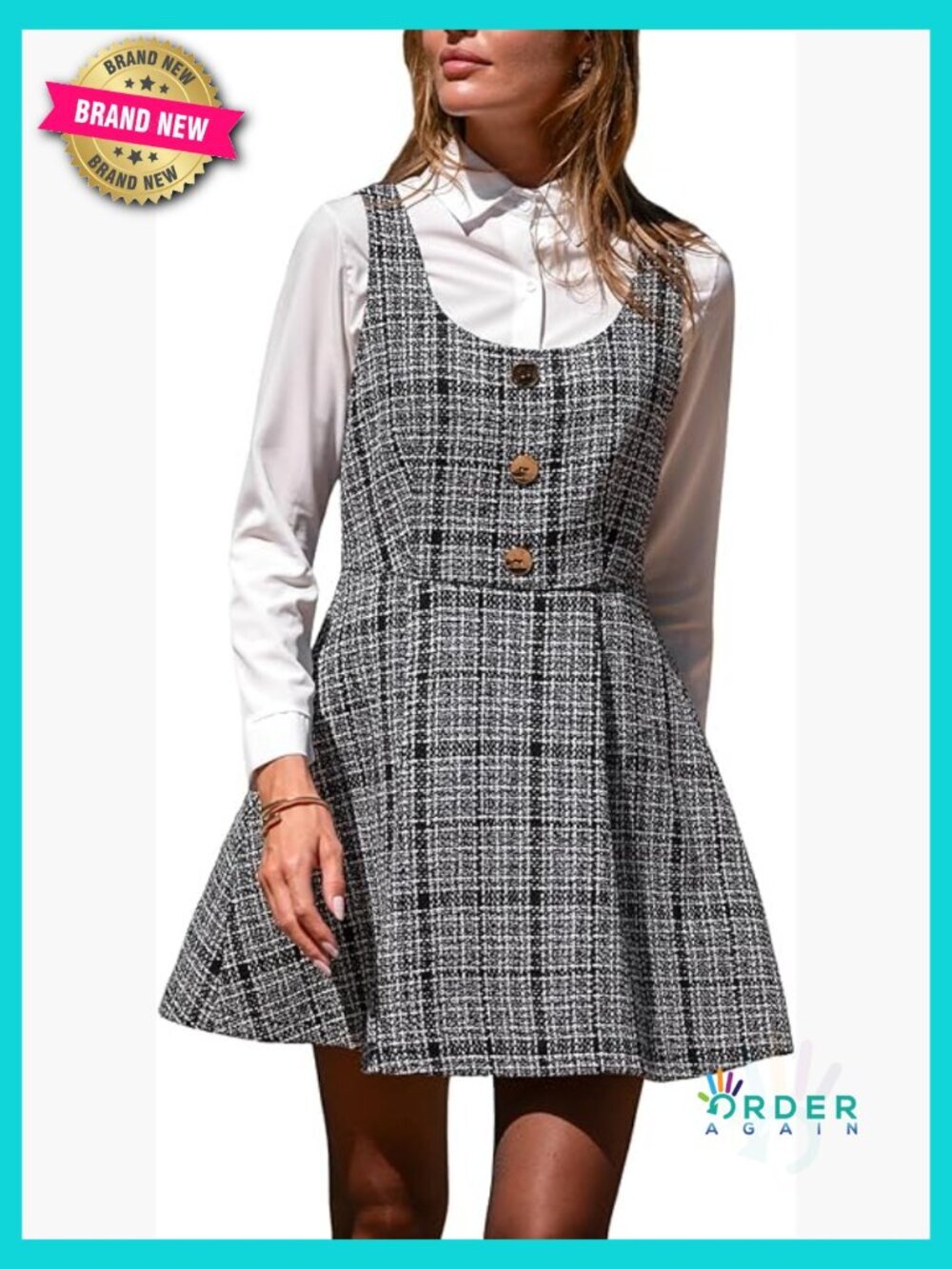 Mini Overall Dress Scoop Neck Plaid Sleeveless A Line Cute Fall Pinafore